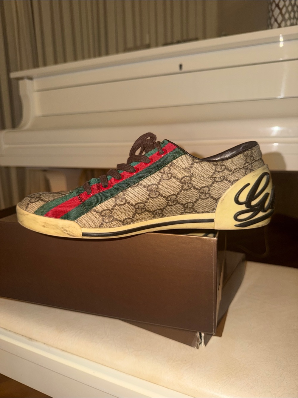 Gucci Beige GG Canvas Women's Low-Top Sneaker with Red & Green Stripe